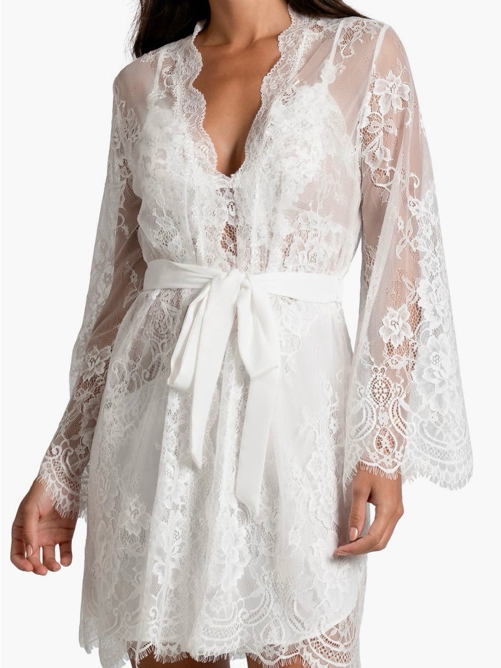 Bridal Sheer Lace Robe with Satin Tie - White